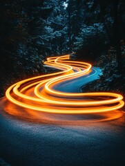 Poster - Winding road through dark forest with bright orange light trails long exposure night scene