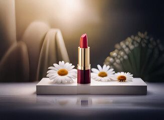 Poster - A crimson lipstick rests on a white platform, flanked by delicate white daisies.  Soft, warm lighting enhances the product's luxurious appeal.