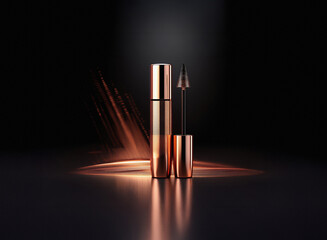 Aufkleber - Rose gold mascara tube and wand, elegantly displayed against a dark background with shimmering bronze powder accents.  The luxurious packaging reflects light beautifully.