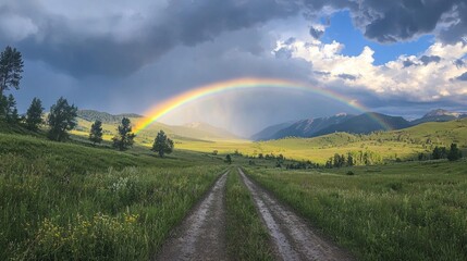 Aufkleber - A stunning rainbow arcs over a sprawling green valley, complimented by dark clouds and sunlight breaking through. A dirt path winds through the landscape, inviting exploration