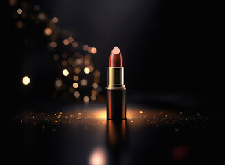 Poster - A single lipstick stands on a dark, reflective surface, illuminated by a warm light and shimmering gold particles.  The background features blurred golden bokeh lights.