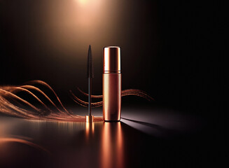 Poster - Luxurious rose gold mascara and applicator elegantly displayed against a dark background with flowing brown hair accents.  The lighting highlights the product's sophisticated design.