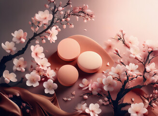 Poster - Soft, peach-toned circles rest on a silk-like fabric amidst delicate cherry blossoms.  A serene and elegant springtime scene.