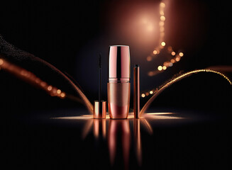 Poster - Luxurious rose gold mascara and eyeliner set, elegantly displayed against a dark background with sparkling golden accents.  Perfect for holiday glamour.