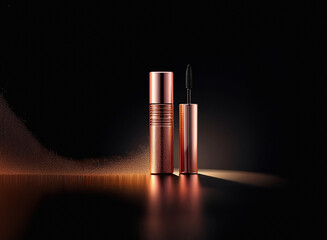 Aufkleber - Rose gold mascara and tube set against a dark background with shimmering dust.  The elegant packaging reflects luxury and sophistication.