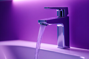 Poster - Modern faucet pouring water into a sink illuminated by vibrant purple lighting, showcasing contemporary interior design and futuristic aesthetic.