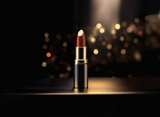 Aufkleber - A single tube of dark red lipstick stands on a sleek, dark surface, illuminated by a spotlight against a bokeh background of warm, golden lights.  The image evokes luxury and glamour.