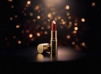 Aufkleber - A luxurious red lipstick with a gold casing sits on a dark, reflective surface, illuminated by sparkling bokeh lights.