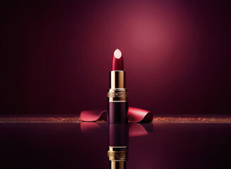 Aufkleber - A rich crimson lipstick stands elegantly on a dark, reflective surface, its metallic casing gleaming.  A hint of sparkle surrounds it, enhancing its luxurious appeal.