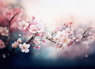 Poster - Delicate pink cherry blossoms in full bloom against a soft, dreamy background.  The image evokes a feeling of serenity and springtime.