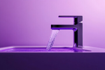 Poster - Minimalist faucet with flowing water in vibrant purple lighting, showcasing modern interior design and luxury bathroom aesthetics with a clean and elegant composition.