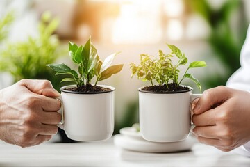 Poster - Two scientists clinking coffee mugs in a lab, symbolizing casual association and camaraderie in research