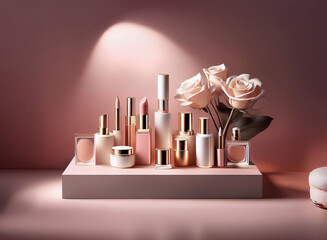 Poster - Elegant blush-toned cosmetics arranged on a minimalist display with roses, bathed in soft light.  A sophisticated beauty product still life.
