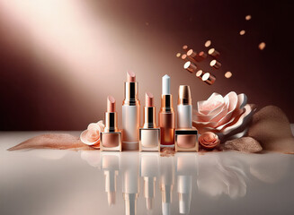 Poster - Elegant rose gold cosmetic products arranged artfully on a reflective surface, accented with blush-toned flowers and shimmering particles.  A luxurious and sophisticated beauty still life.