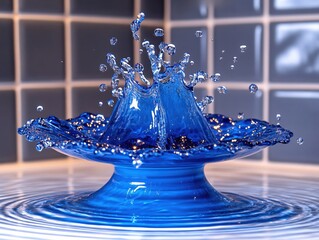 Poster - Blue water drop collision creating a crown splash with ripples and droplets in a studio setting