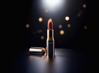 Poster - A luxurious lipstick with a rich brown hue is showcased against a dark background, illuminated by soft, warm bokeh lights.  Its metallic casing reflects the ambient glow.