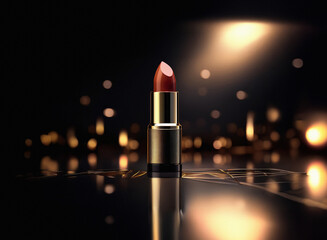 Aufkleber - A single tube of dark red lipstick stands on a reflective surface, illuminated by warm, golden light.  The background is blurred, showcasing a luxurious and glamorous feel.