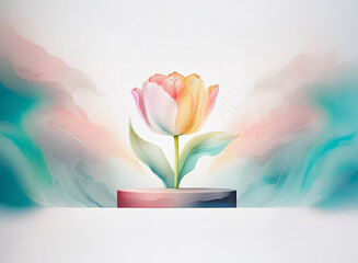 Aufkleber - A single tulip, pastel peach and yellow, blooms on a dark pedestal against a soft, abstract background of teal and rose-colored clouds.  The image evokes serenity and springtime.