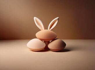 Poster - Pastel-toned Easter bunny ears atop two eggs, minimalist 3D render.  Subtle lighting creates a soft, spring ambiance.