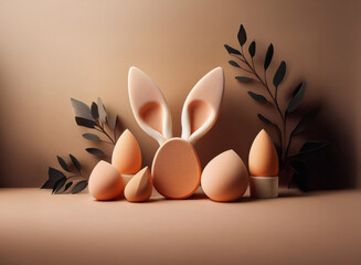 Leinwandbilder - A 3D render of Easter bunny ears and makeup sponges nestled amongst stylized leaves.  The color palette is warm and neutral.