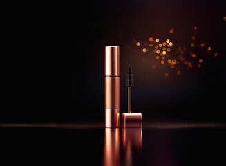 Poster - Rose gold mascara tube and wand on dark reflective surface with bokeh lights.  Elegant and luxurious cosmetic product.