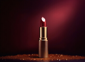 Aufkleber - A single tube of dark red lipstick with a gold casing rests on a bed of gold glitter against a deep burgundy backdrop.  The lighting accentuates the lipstick's rich color and luxurious feel.