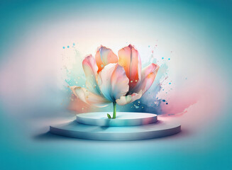 Fototapete - A vibrant, colorful tulip bursts with painted hues, dramatically displayed on a minimalist, circular platform against a soft, pastel background.  The image evokes feelings of springtime freshness and 