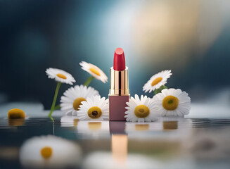 Aufkleber - Red lipstick stands elegantly amidst a ring of delicate daisies, reflected in a still, dark surface.  The soft light enhances its luxurious appeal.