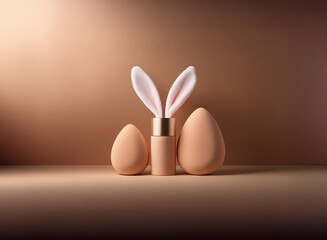 Leinwandbilder - Pastel beige eggs and a beauty blender with bunny ears sit against a neutral background.  A spring or Easter themed still life.