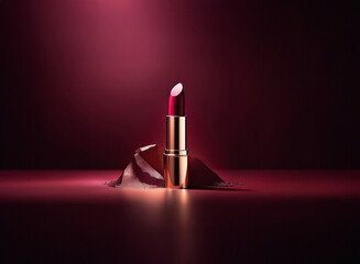 Aufkleber - A single lipstick stands on a dark crimson background, nestled in a pile of matching powder.  The metallic gold tube reflects the dramatic lighting.