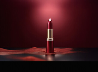 Aufkleber - A single tube of dark red lipstick sits on a dark, reflective surface, partially submerged in a pool of matching powder.  The lighting emphasizes the lipstick's luxurious quality.