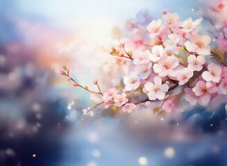 Aufkleber - A delicate branch of pale pink blossoms graces a dreamy, sunlit background. Soft focus and bokeh effects create a serene, ethereal mood, hinting at spring's gentle arrival.