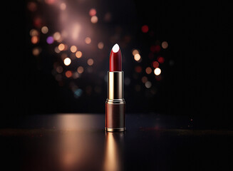 Aufkleber - A single tube of dark red lipstick stands on a reflective surface against a bokeh background of warm and cool colored lights.  The lipstick is elegantly presented, reflecting the ambient light.