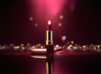 Poster - A single lipstick stands upright on a reflective surface, bathed in soft, romantic lighting.  Gold accents gleam against the deep red hue.  Surrounding bokeh adds to the luxurious feel.