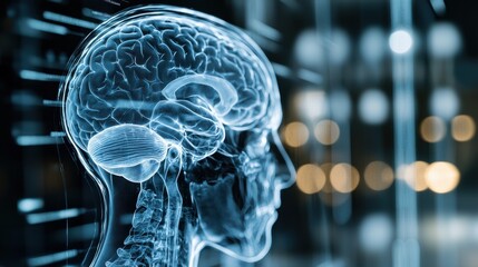 Poster - transparent digital brain scan visualization revealing neuron synapses and cerebral cortex