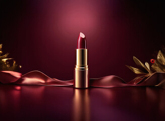 Aufkleber - A luxurious lipstick in rich burgundy, elegantly displayed on a silk ribbon with gold accents.  The dark background enhances its glamour.