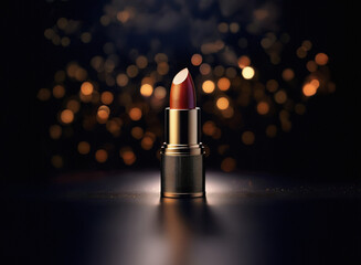 Aufkleber - A single tube of dark red lipstick stands elegantly against a bokeh background of warm gold lights, reflecting subtly on a dark surface.  The lighting emphasizes the lipstick's rich color and luxuriou
