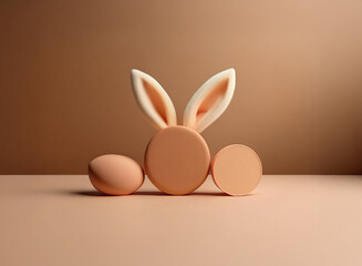 Leinwandbilder - A minimalist Easter scene:  two beige circles and an egg form a bunny with upright ears against a muted brown backdrop.  Simple, elegant Easter design.