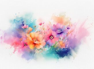 Fototapete - Vibrant watercolor painting of a colorful flower bouquet.  Soft, pastel hues blend with splashes of color creating a dreamy, romantic feel.