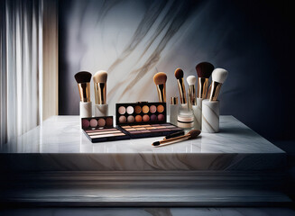 Poster - Elegant makeup brushes and palettes arranged on a marble surface.  Luxurious, high-end cosmetics displayed in a sophisticated setting.