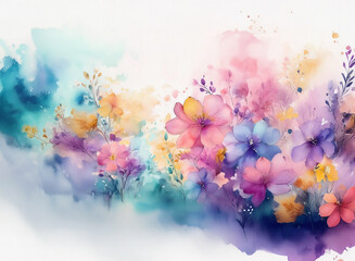 Aufkleber - A vibrant watercolor painting showcasing a profusion of pastel flowers and foliage, blooming amidst soft, dreamy color washes.  The artwork evokes a sense of serenity and springtime beauty.