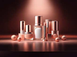 Aufkleber - A collection of rose gold cosmetic products displayed on a reflective surface, illuminated by a spotlight.  The elegant arrangement includes lipstick, nail polish, and serum, accented by metallic sphe