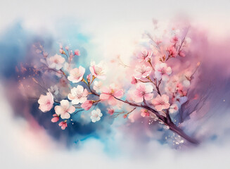 Fototapete - Delicate watercolor painting of a blossoming cherry branch, soft pink and white flowers against a dreamy blue and pink background.  A serene and beautiful spring scene.