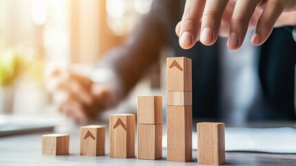 Poster - Wooden cubes stacked in a growing bar graph on office desk showcasing business strategy planning and goal achievement