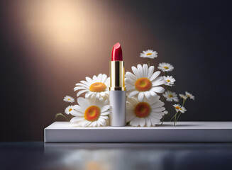 Aufkleber - Red lipstick with a gold band, elegantly displayed on a white platform amidst blooming daisies.  Soft lighting enhances the scene's beauty and natural elements.