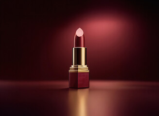 Poster - A single tube of dark red lipstick stands on a reflective surface, illuminated by a soft light. The elegant packaging hints at luxury and sophistication.