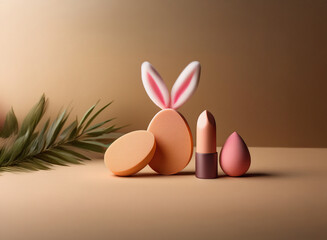 Leinwandbilder - Pastel egg-shaped makeup sponges, a lipstick, and bunny ears sit on a neutral background with a palm frond.  A spring-themed beauty still life.