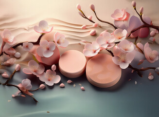 Poster - Delicate pink cherry blossoms artfully arranged around soft, pastel pink cylindrical platforms on a flowing fabric backdrop.  A serene and elegant scene.