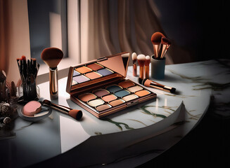 Poster - A luxurious eyeshadow palette and makeup brushes arranged on a vanity, bathed in soft, warm light.  The scene evokes elegance and sophistication.