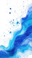 Poster - Abstract watercolor painting of blue flowing waves with splatters on a white background